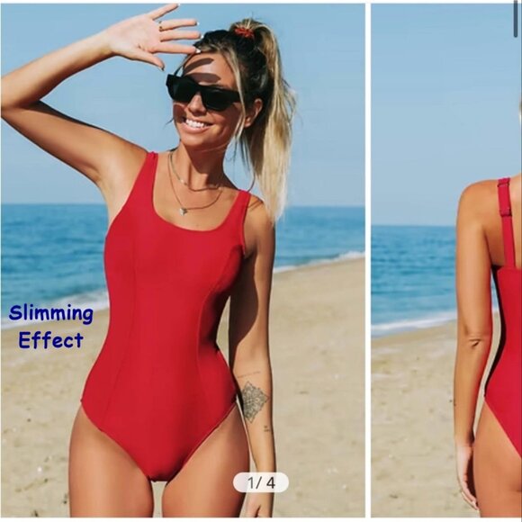 NWT Cupshe Crismon Red Scoop-Neck Ribbed One Piece Swimsuit Size Large - Picture 1 of 5